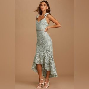 Lulus Won Your Heart Sage Green Lace Tie-Strap High Low Midi Dress size large
